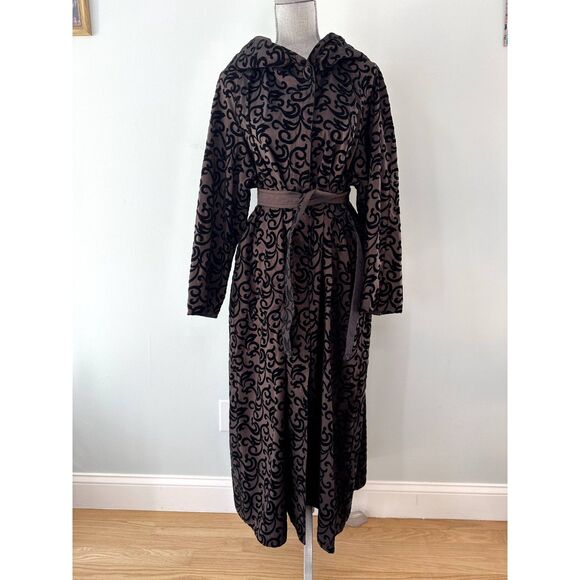 Vintage Sackables Gothic Black Velvet Scroll Print Reversible Robe Coat Jacket M - Picture 1 of 15